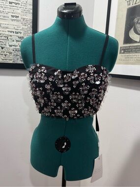 Mac Duggal R93843 ONE OF A KIND Beaded Black Floral Embellished Crop Top